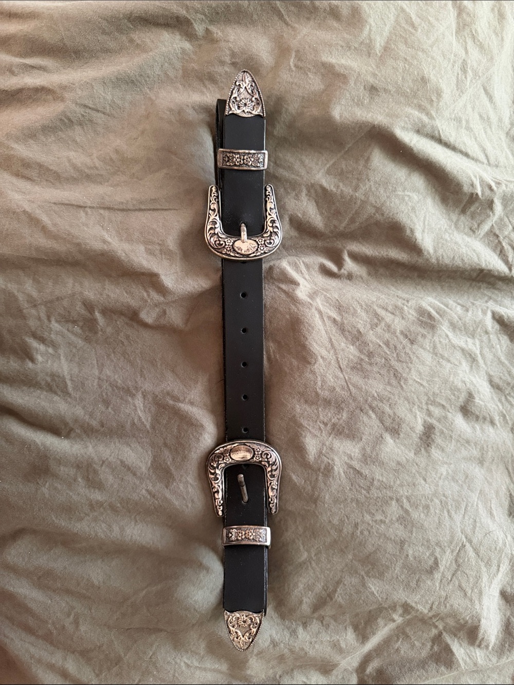 Black Western-Style Women’s Leather Belt with Ornate Silver Buckles